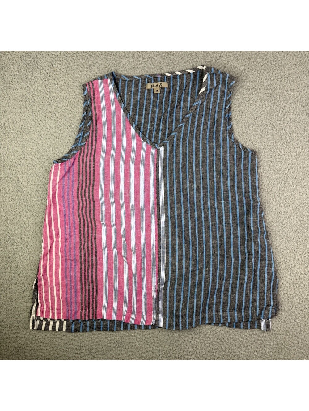 Flax 100% Linen Sleeveless Striped Shirt Tank Top Blue Sz M Natural Fiber V-Neck